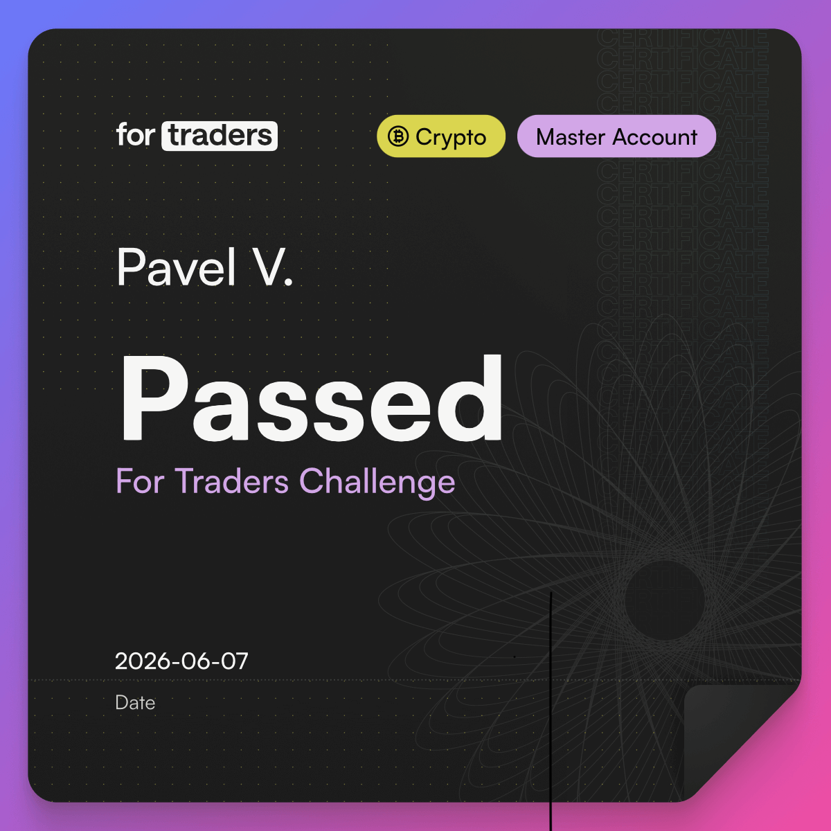 Certifikát úspěšného splnění For Traders Challenge — Pavel V.